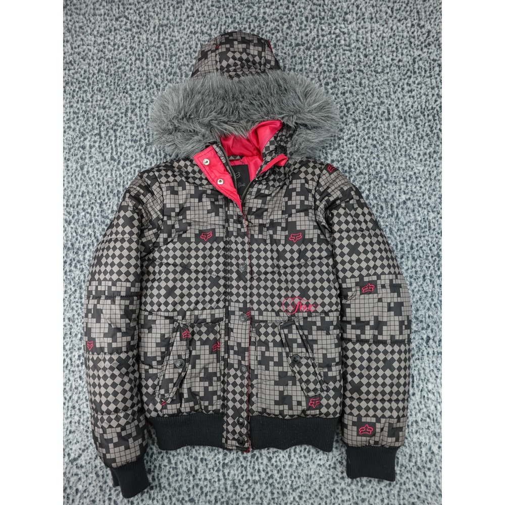 Fox Racing Puffer Jacket Girls Small Grey Pink Checkered Faux Fur Hood